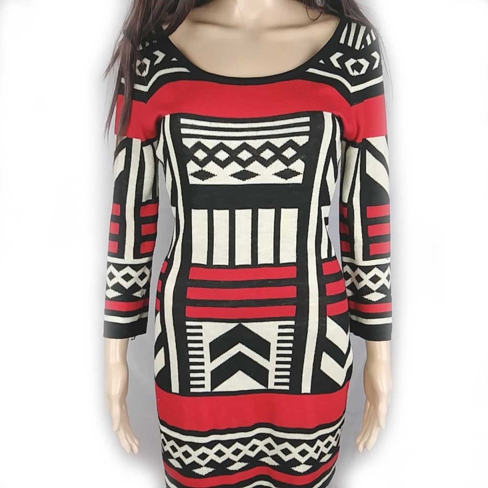 Vintage Flying Tomato Long Sleeve Geometric Pullover Dress Size S BlackWhiteRed